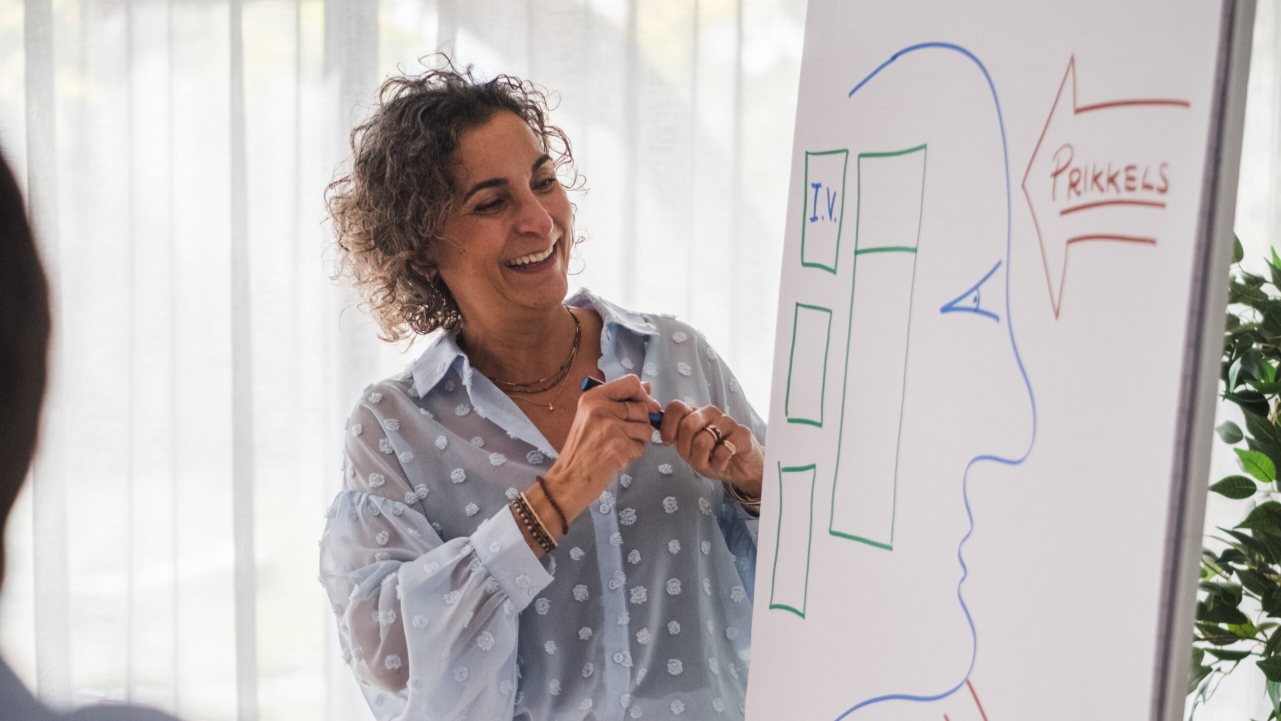 Trainer Renee met bord Trainer Renee bij een NLP tekening op een flap